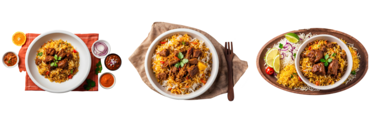 Set of Gourmet Delight Delicious Beef Biryani Isolated on a Transparent Background. Ramadan dinner, spicy, indian food, Iftar meal,  