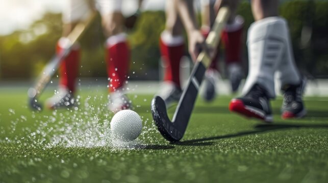 Dynamic field hockey action capturing a player striking the ball on a sunlit pitch, showcasing teamwork and athleticism.