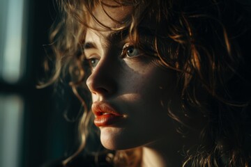 Stunning close-up portrait. Curly hair frames intense blue eyes. Soft light on skin. Red lips pop against shadowy backdrop.