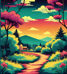  Bright illustration of a summer landscape.drawing.generative ai