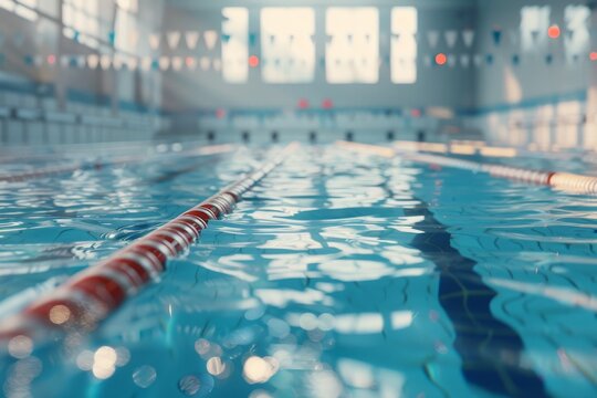 A crystal-clear Olympic-sized swimming pool beckons swimmers to take a refreshing plunge. The sun-kissed deck and lush green surroundings create a serene atmosphere.