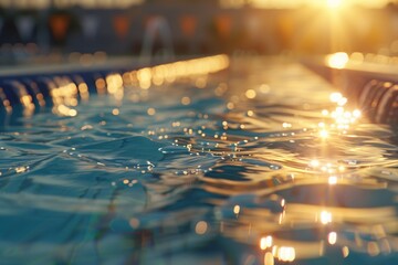 A serene and inviting swimming pool scene, perfect for a summer day. The pool's calm waters reflect the warm sunlight, creating a sense of relaxation.