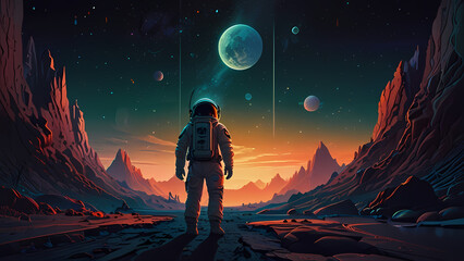 Fototapeta premium Illustration background Of an astronaut is exploring an alien landscape 