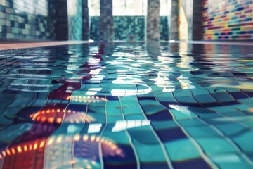 A serene oasis featuring crystal clear water and colorful tiles, perfect for relaxation. The modern design and sleek lines create a sophisticated ambiance.