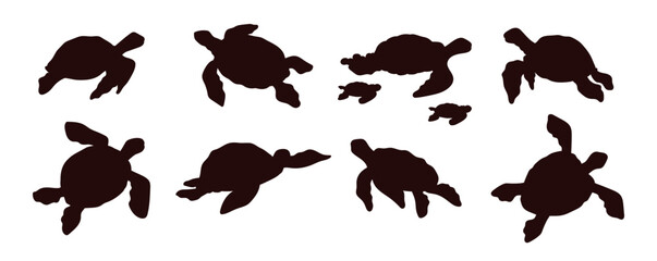 Black silhouette illustrations of turtles in a flat style on a white background