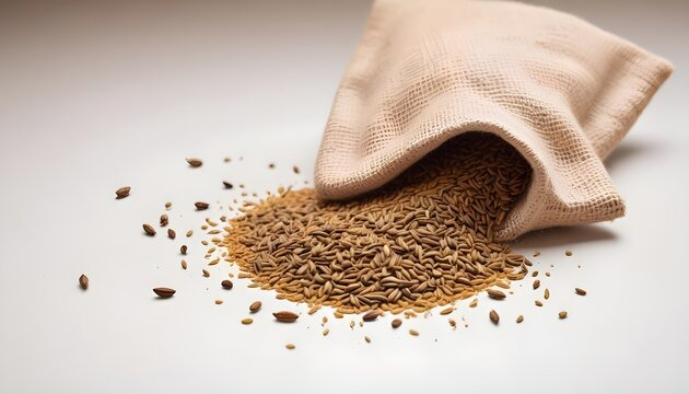 a side view of cumin seeds spilled from a small burlap pouch onto a white background
