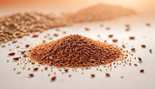 a side view of cumin seeds spilled from a small burlap pouch onto a white background