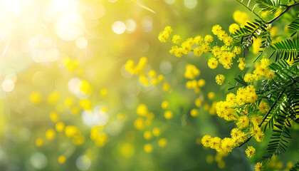 Obraz premium Beautiful bright mimosa flowers outdoors on sunny day. Space for text