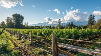 A picturesque hop farm with a wooden fence and rows of trellised hop vines stretching into the distance