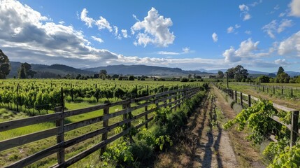 Fototapeta premium A picturesque hop farm with a wooden fence and rows of trellised hop vines stretching into the distance