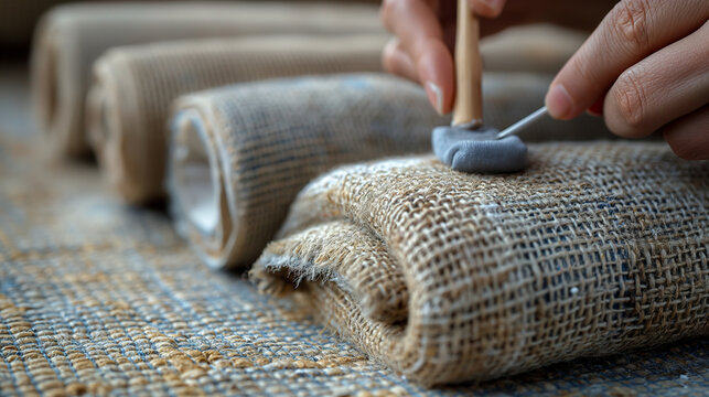 A telephoto angle photo of an individual applying fabric glue to mend a tear in upholstery, with copy space