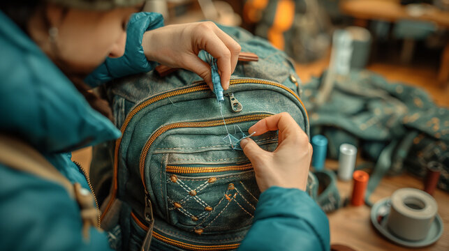 A telephoto angle photo of someone reinforcing the seams of a backpack with a sewing kit, with copy space