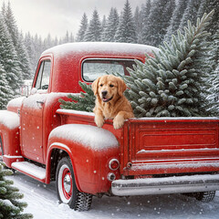 A golden retriever sits happily in the bed of a classic red truck which is carrying a freshly cut Christmas tree