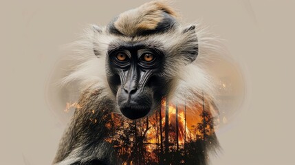 Fototapeta premium Vivid photo of a monkey looking out from a forest fire.