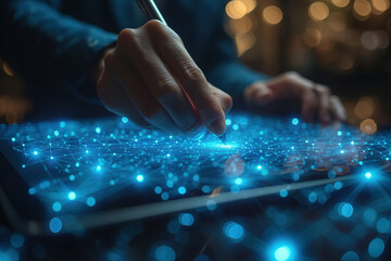 Businessman analyzing digital data using stylus pen on tablet