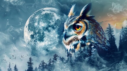 The great horned owl stares intently at the full moon rising over the misty forest.