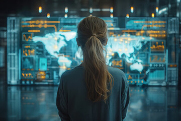 Businesswoman analyzing global business data on big digital screen