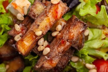 Chicken meat with tomato and salad on plate. Fastfood concept.