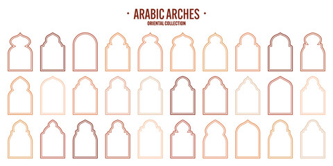 Islamic frames, oriental style objects. Arabic shapes, windows and arches. Traditional ornamental banner, frame. Muslim holidays, Ramadan Kareem. Modern eastern architecture. Vector illustration