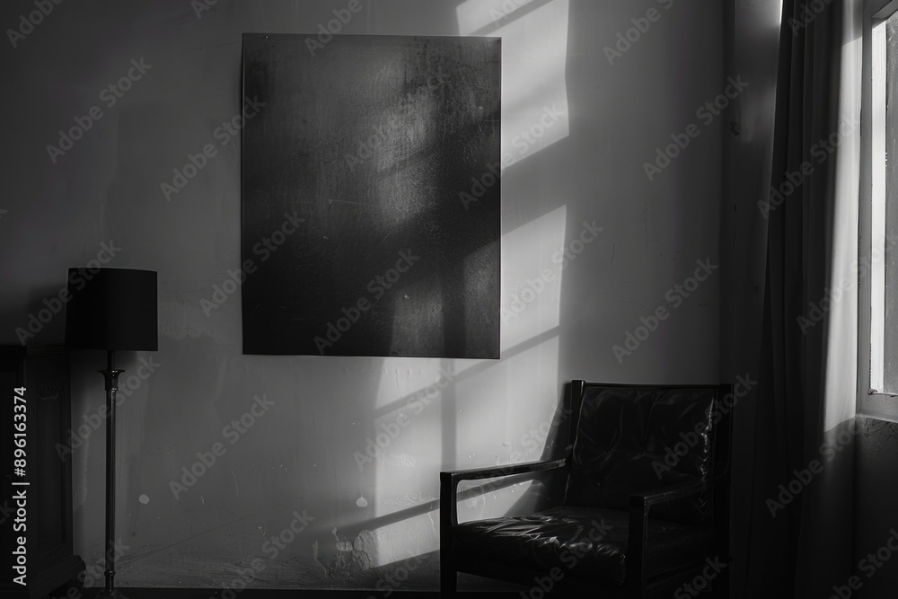 Poster a single chair in a dimly lit room with a black and white color scheme