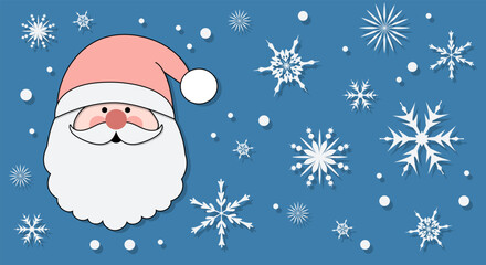 Merry Christmas and Happy New Year greeting card, winter background with Santa Claus in pink cap surrounded by snowflakes. Postcard banner in paper craft style. Simple flat design on blue background.