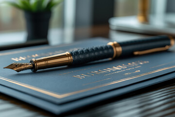 Elegant blue and gold fountain pen lying on a bureau notebook