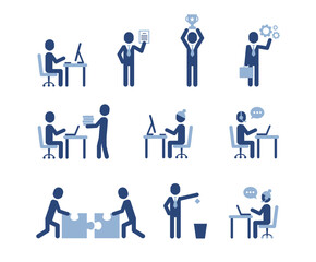 Fototapeta premium Business people icon pictograms. Leadership training, meeting and corporate career. Modern simple style pictogram concept. Blue color characters set. Simple material design for web and website.