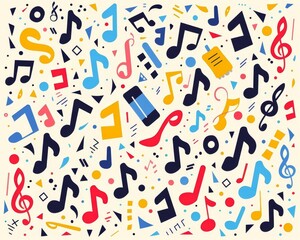 An artistic arrangement of music notes and symbols, showcased in a flat design illustration.