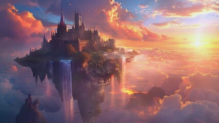 Enchanted Floating Castle with Dragons in a Colorful Fantasy World