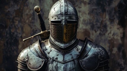 Naklejka premium Medieval knight in full armor, standing guard.
