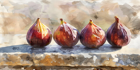 Watercolor painting of some figs on a stone, generative AI