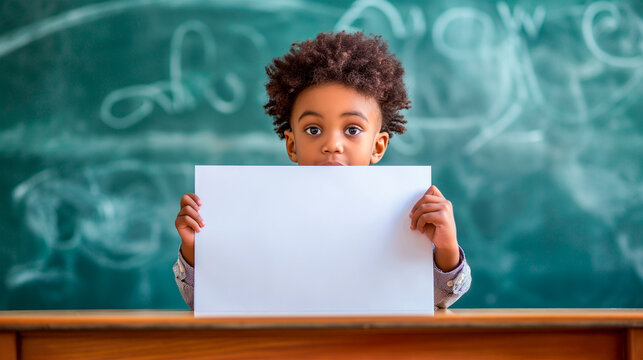 Young Boy Holding Blank White Paper in Front of Classroom Chalkboard