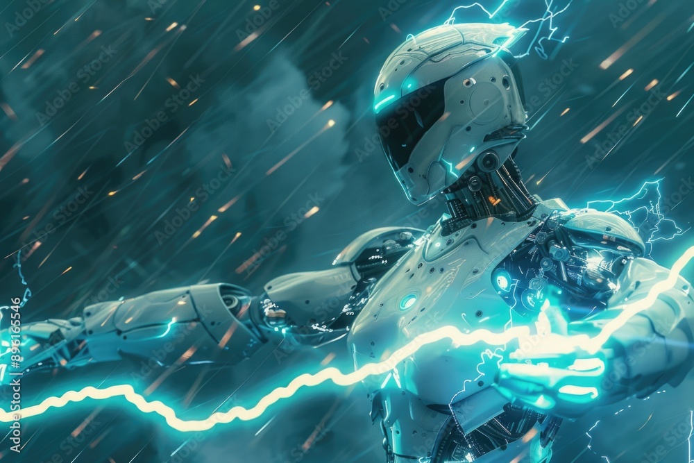 Poster a robot holds a lightning bolt on a rainy day, ready for action