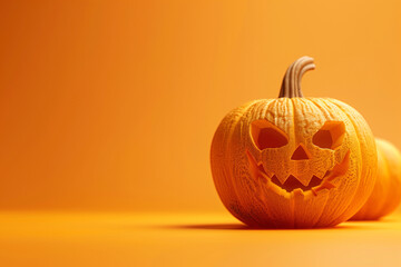 Halloween. Orange pumpkin with scary face carved on orange background. Copy space