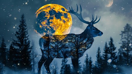 Naklejka premium The majestic deer stands in the winter forest, its antlers reaching up to the sky like branches of a tree