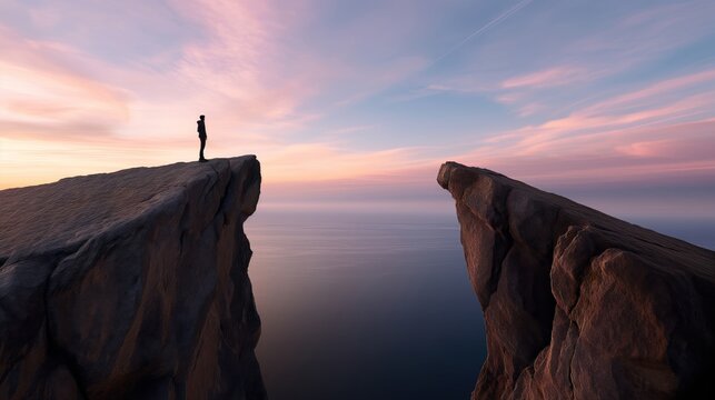 Silhouette of a person standing on edge of a cliff overlooking a gap to another cliff with a serene ocean and colorful sunset background.