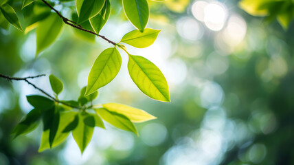 Close-up of vibrant green leaves with sunlight filtering through, creating a serene and refreshing atmosphere.