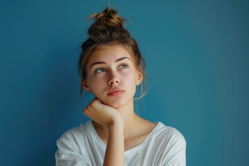 A person thoughtfully considering something, with her hand resting on her chin