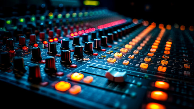 Professional Sound studio scene. Intricate audio equipment, Audio mixing console in a streaming, live broadcast, or recording session. Channel faders close up.  