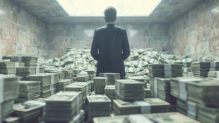 Businessman Standing Amidst Stacks of Cash in a Room Filled With Money