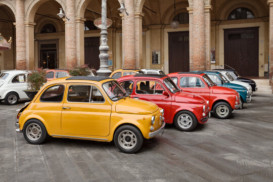 Row of vintage Fiat 500 at the classic car rally on November 9, 2014 in Bagnacavallo, RA, Italy.