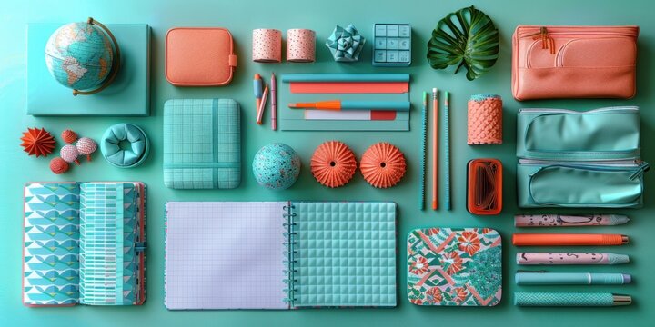 School supplies arranged in a flat lay on a turquoise surface - Powered by Adobe