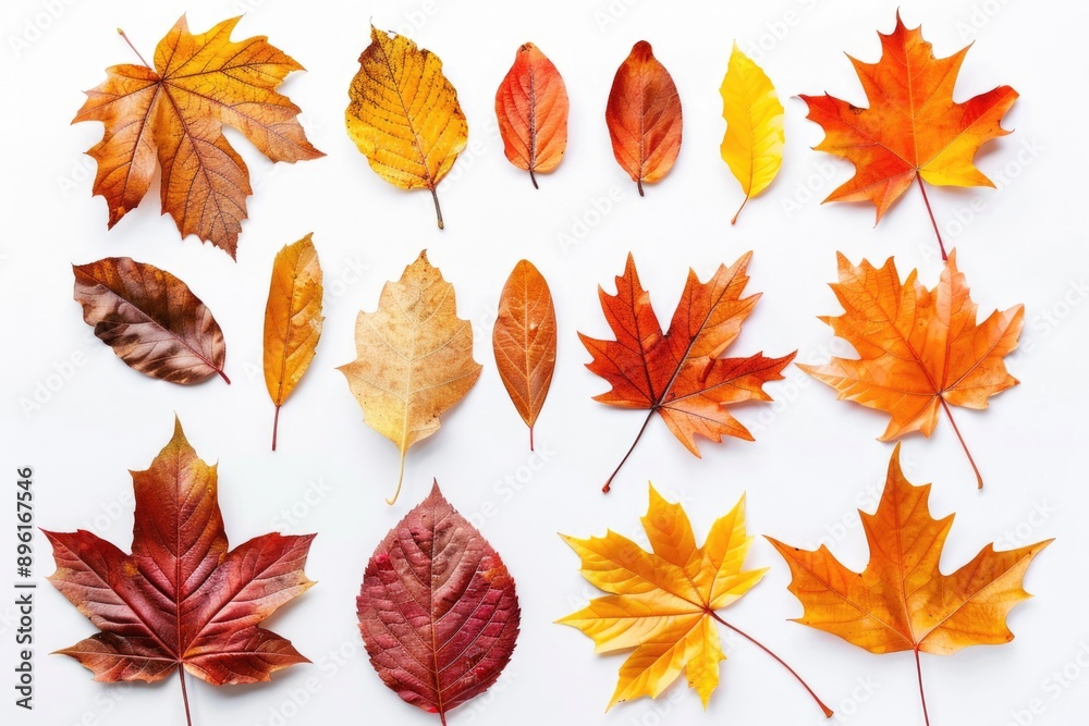 Poster a collection of colorful leaves scattered on a white background