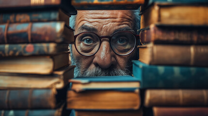 Elderly man with glasses peering through a gap between stacks of old books. The scene conveys wisdom, curiosity, and a lifetime of knowledge accumulated through reading.