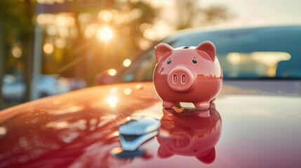 Obraz premium Piggy bank on car hood at sunset, reflecting financial goals in automobile purchase, Saving for a car