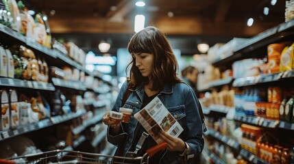 Fototapeta premium Candid in a Grocery Store: A woman shopping for groceries, pushing a cart and reading labels. 