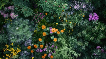 Top-down view of a wildflower patch in a forest clearing, bursting with vibrant colors.