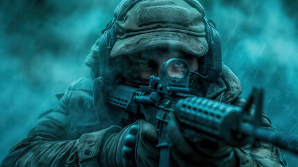 Fototapeta premium Soldier in full gear aiming a rifle, with intense focus, in a misty and cold environment. The image captures the tension and readiness of a military operation.