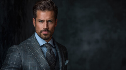 Fototapeta premium Man in a tailored suit with a serious expression, set against a dark, textured background. The image exudes confidence, sophistication, and elegance.