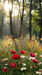 Fototapeta premium A lush meadow filled with colorful wildflowers under the morning sun